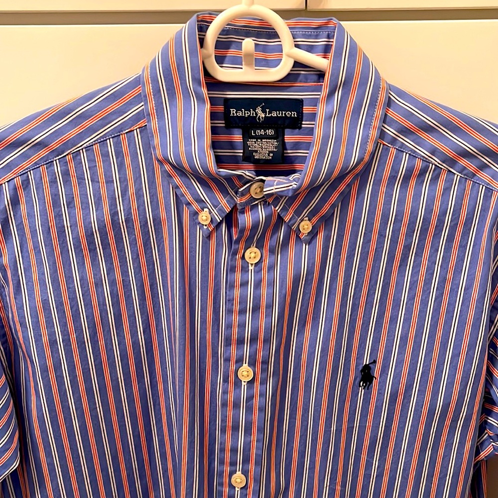 Ralph Lauren POLO Boys Red Blue White Striped Dress Shirt - Sz 14-16 ✨Like NEW✨